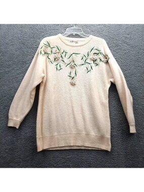 Vintage C.P. Collection Cream Wool Sweater 80's Embroidered Floral Beads Holiday